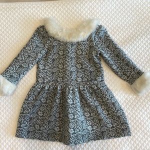 Janie and Jack Gray Floral Jacquard Dress with Ivory Faux Fur Trim
